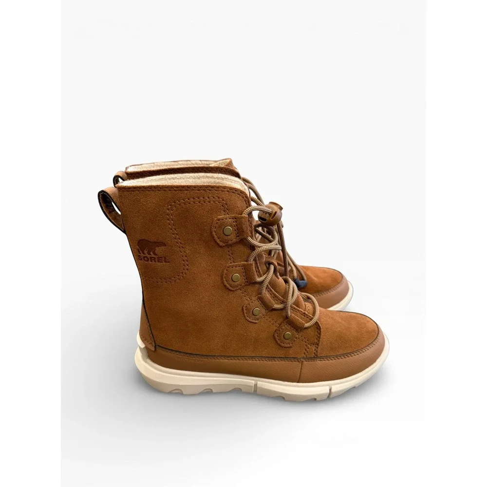 Sorel Girls Explorer Leather Boot Waterproof Tan Faux Fur‎ Youth 4